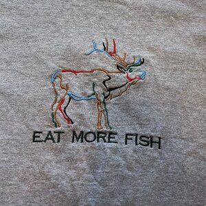 Vintage “Eat More Fish” Embroidered Deer Graphic T-Shirt